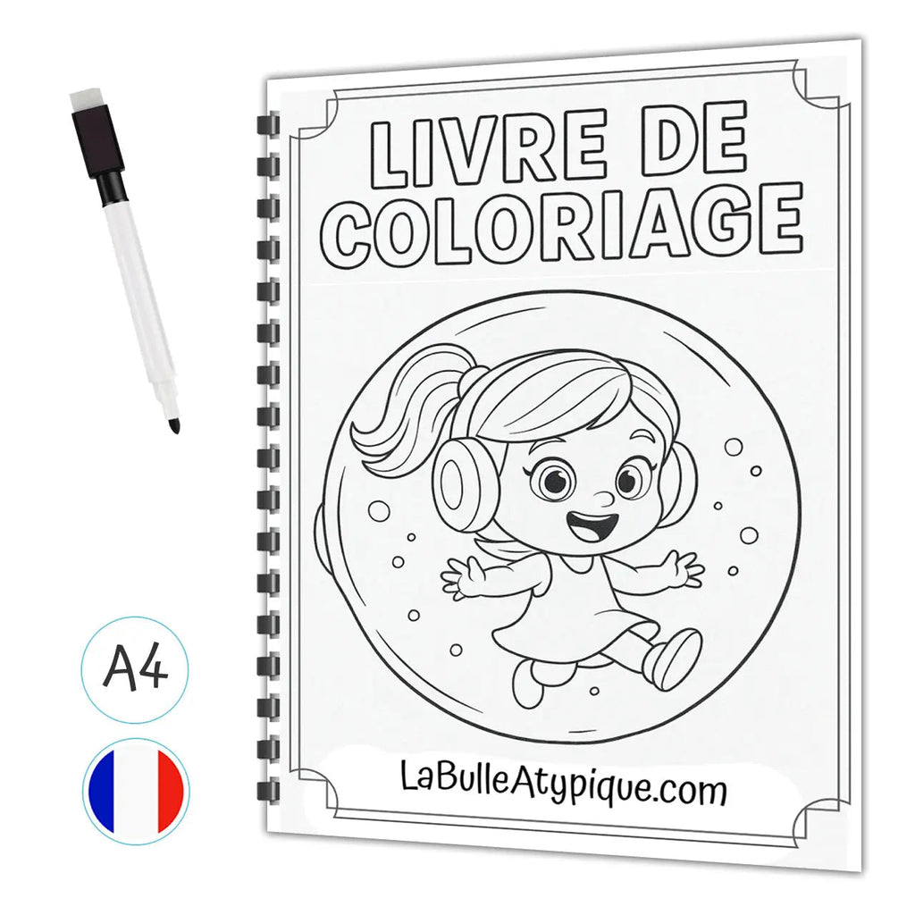 Livret de coloriage Bulla - Livret d'activités avec stylo effaçable - Format A4 Plastifié La bulle atypique