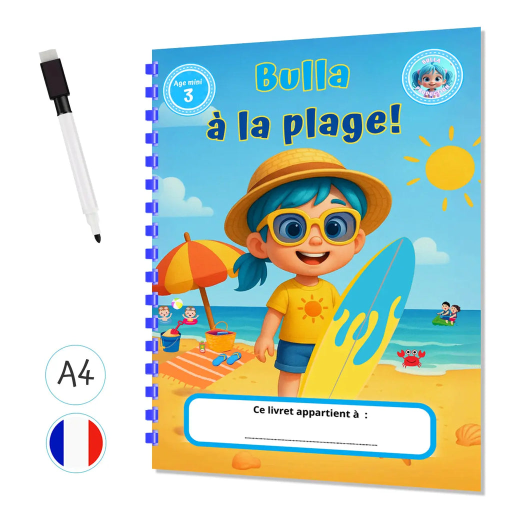 Bulla à la plage - Livre d'activités personnalisé avec stylo effaçable - Format A4 Plastifié 8 pages La bulle atypique