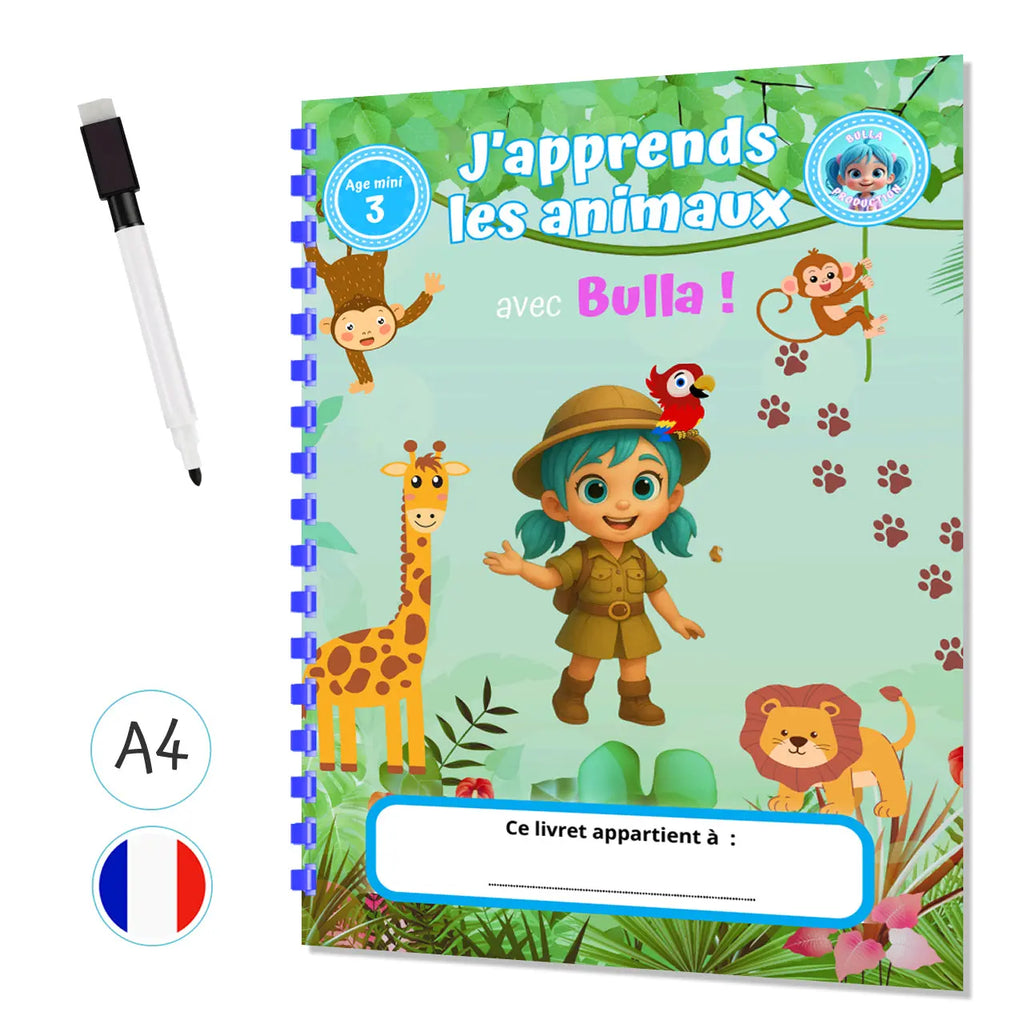 J'apprend les animaux avec Bulla - Livre d'activités personnalisé avec stylo effaçable - Format A4 Plastifié 8 pages La bulle atypique