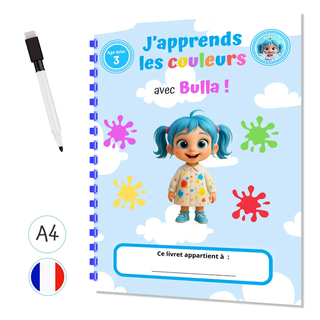 J'apprend les couleurs avec Bulla - Livre d'activités personnalisé avec stylo effaçable - Format A4 Plastifié 8 pages La bulle atypique