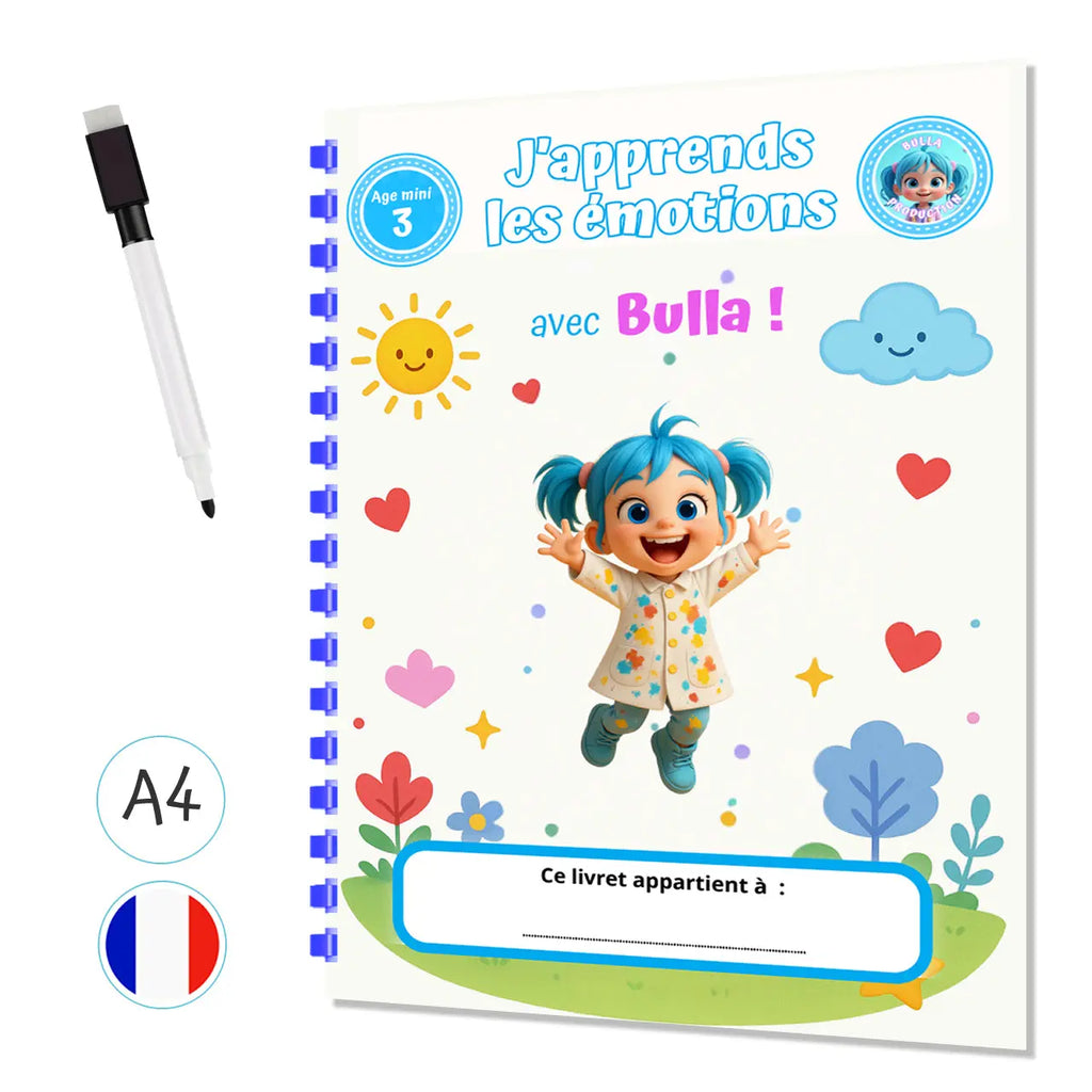 J'apprend les émotions avec Bulla - Livre d'activités personnalisé avec stylo effaçable - Format A4 Plastifié 9 pages La bulle atypique