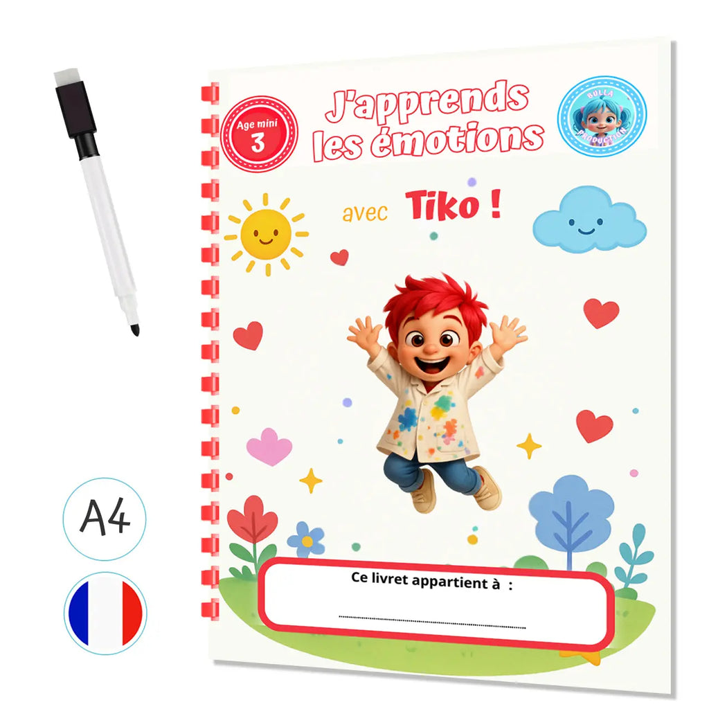 J'apprend les émotions avec Tiko - Livre d'activités personnalisé avec stylo effaçable - Format A4 Plastifié 8 pages La bulle atypique