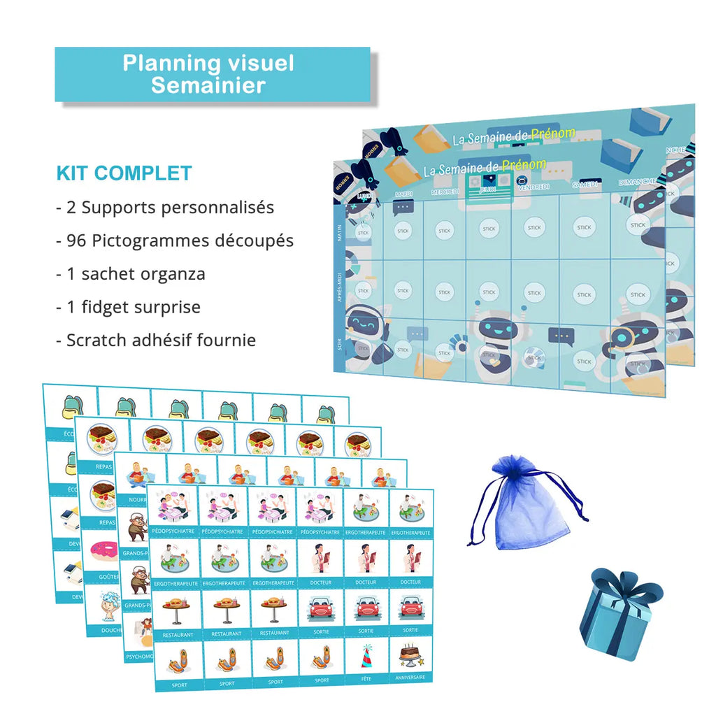 KIT Planning visuel de la semaine Robot - 120 pictogrammes - Kit complet personnalisé La bulle atypique