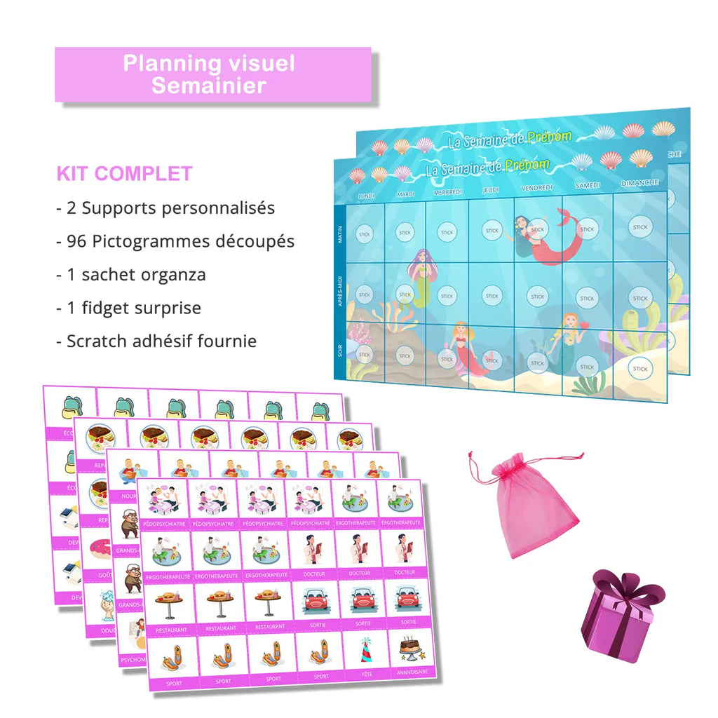 KIT Planning visuel de la semaine Sirène - 120 pictogrammes - Kit complet personnalisé La bulle atypique
