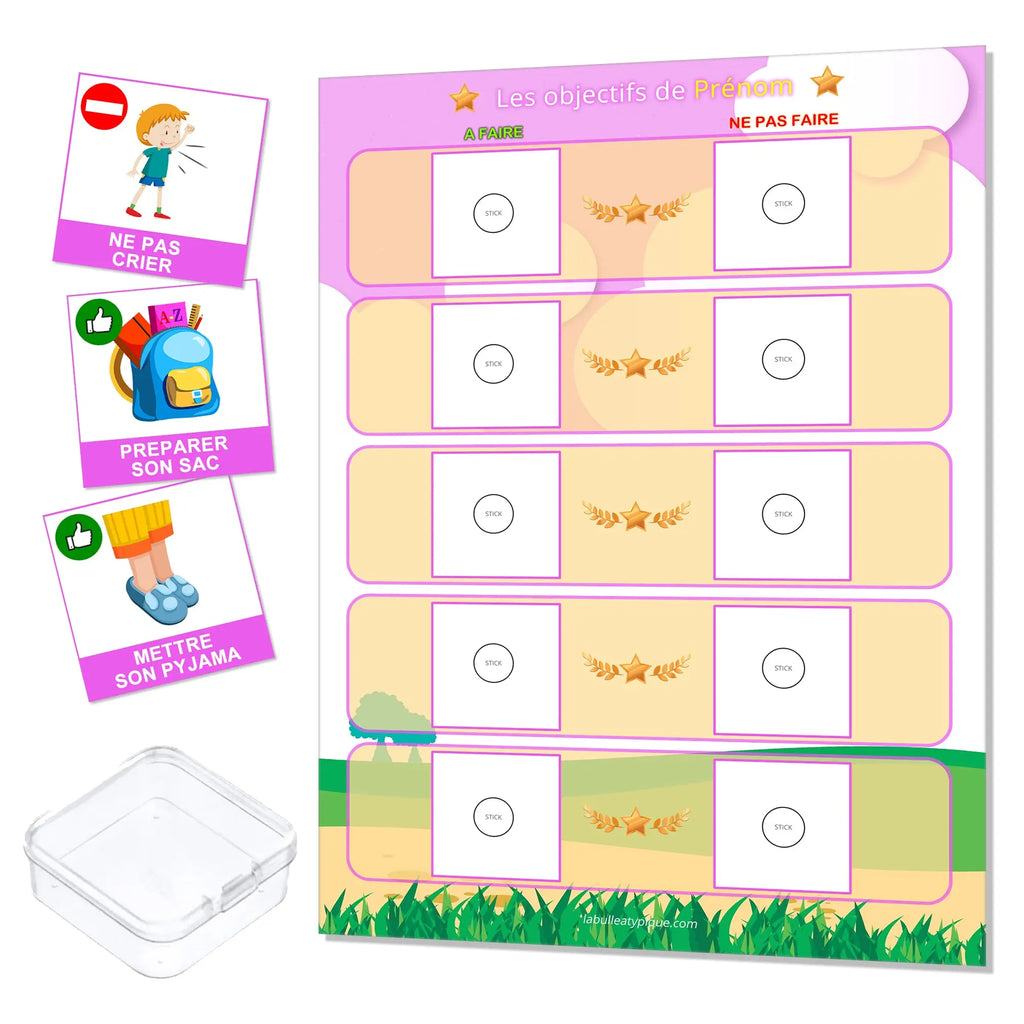 KIT Routine des objectifs - 24 pictogrammes - Kit complet rose personnalisé La bulle atypique
