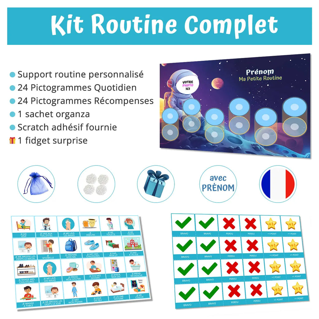 Kit routine personnalisé thème astronaute - 48 pictogrammes - Kit complet personnalisé La bulle atypique