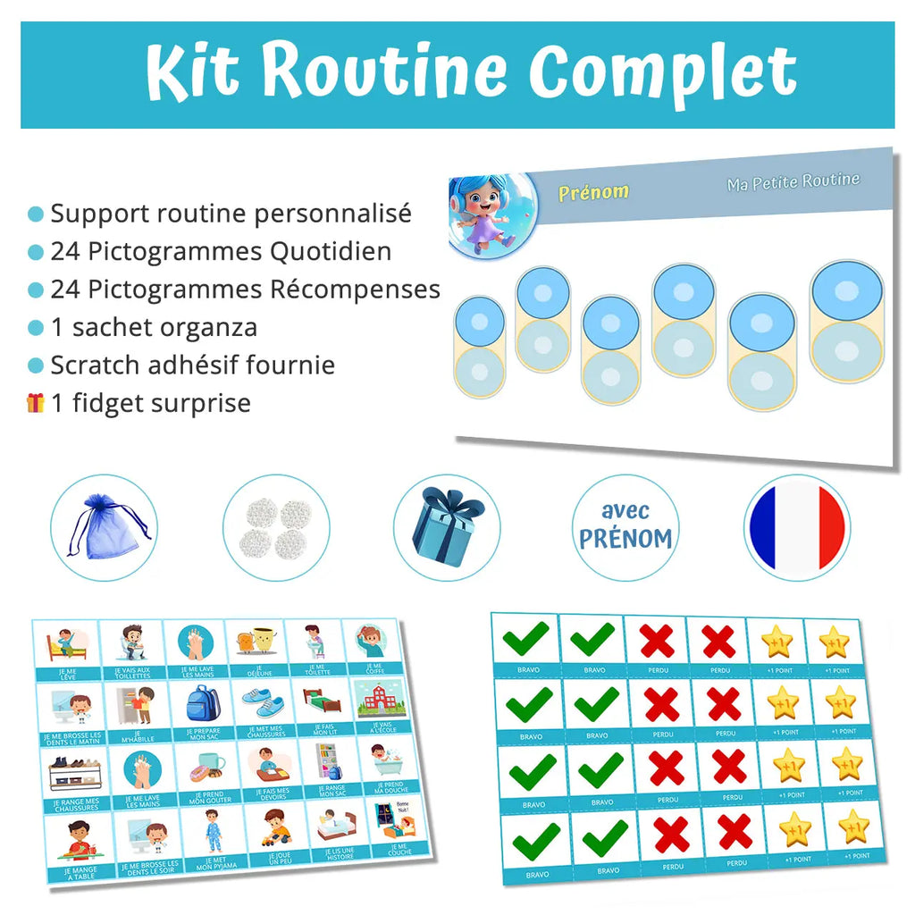 Kit routine personnalisé thème bleu Bulla - 48 pictogrammes - Kit complet personnalisé La bulle atypique