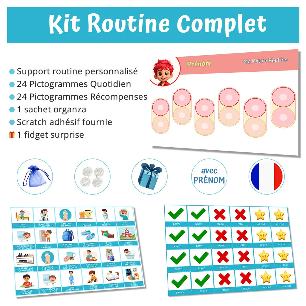 Kit routine personnalisé thème clair Tiko - 48 pictogrammes - Kit complet personnalisé La bulle atypique
