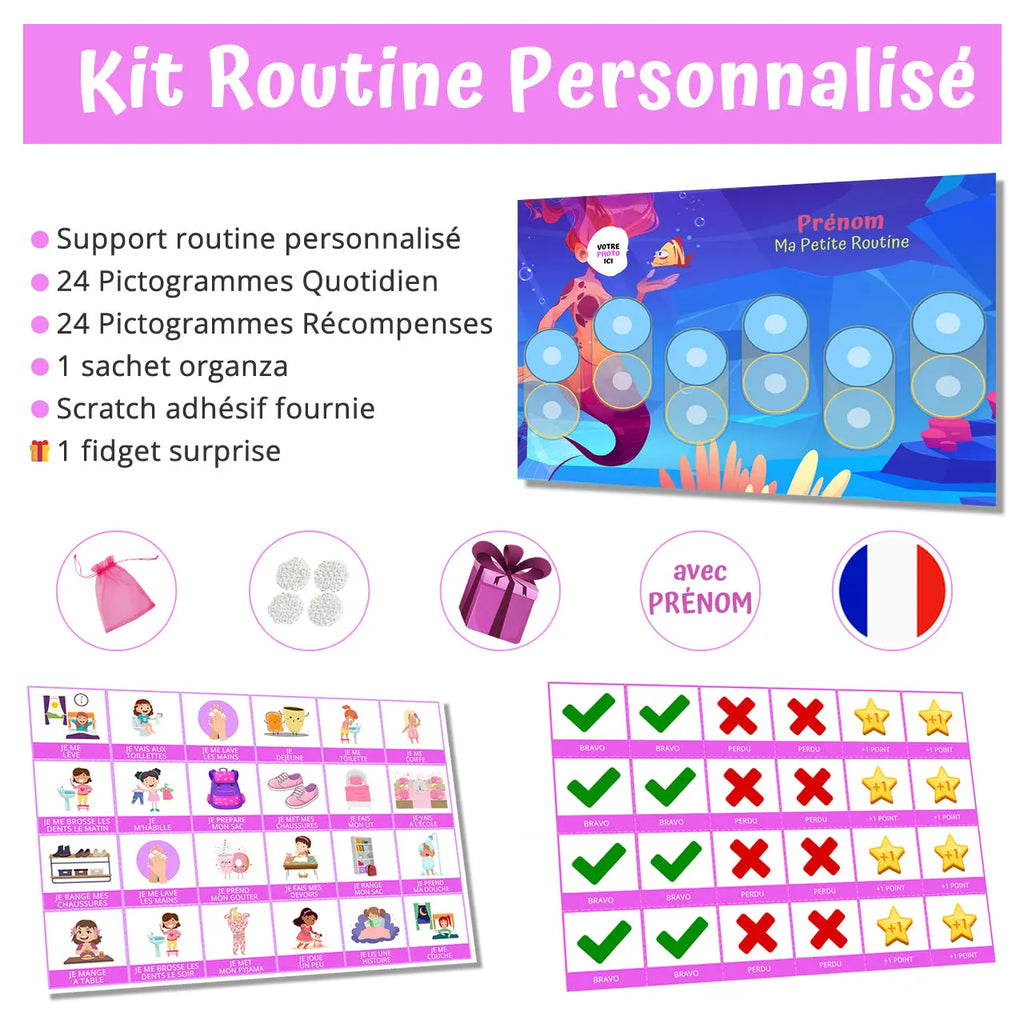 Kit routine personnalisé thème sirène - 48 pictogrammes - Kit complet personnalisé La bulle atypique