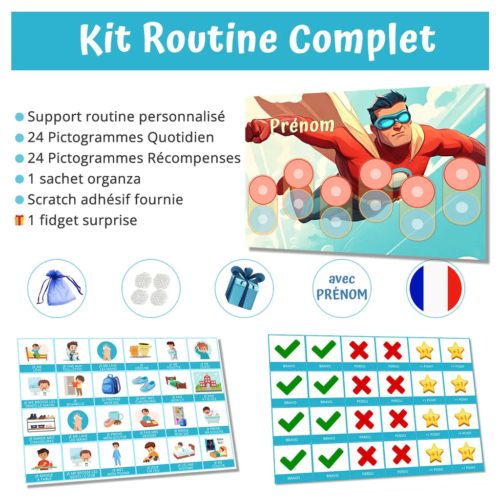 Kit routine personnalisé thème superheros - 48 pictogrammes - Kit complet personnalisé La bulle atypique