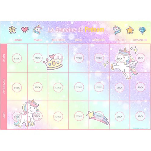 Planning ma petite semaine thème licorne - support personnalisé La bulle atypique