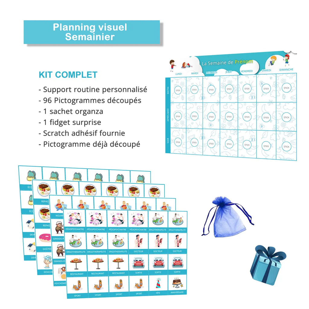 Planning visuel de la semaine - 96 pictogrammes - Kit complet bleu personnalisé La bulle atypique