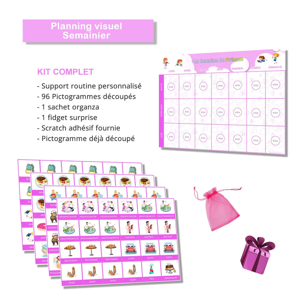 Planning visuel de la semaine - 96 pictogrammes - Kit complet rose personnalisé La bulle atypique