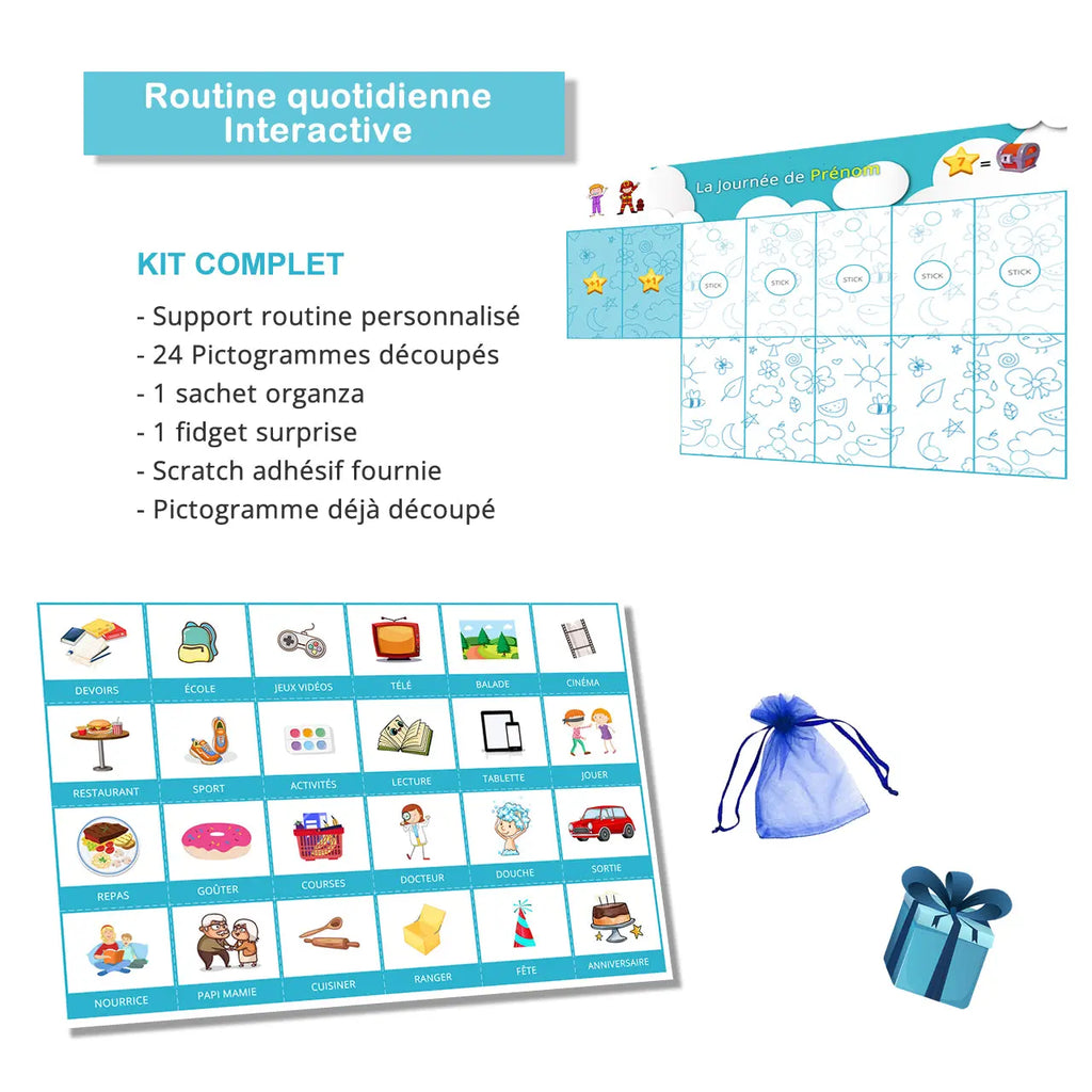 Routine quotidienne interactive - 24 pictogrammes - Kit complet bleu personnalisé La bulle atypique