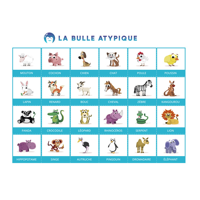 24 pictogrammes animaux - bleu plastifié