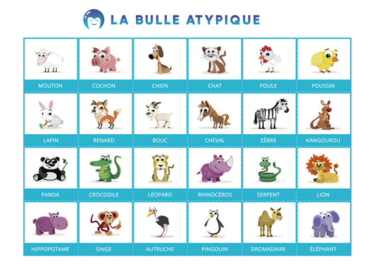 24 pictogrammes animaux - bleu plastifié