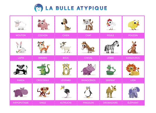 24 pictogrammes animaux - rose plastifié