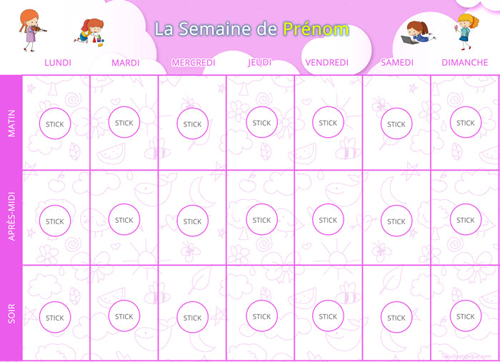 Planning visuel de la semaine - 96 pictogrammes - Kit complet rose personnalisé