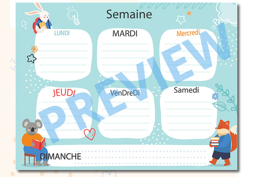 Support planning semaine plastifié personnalisé et pense-bête petits animaux avec feutre maped